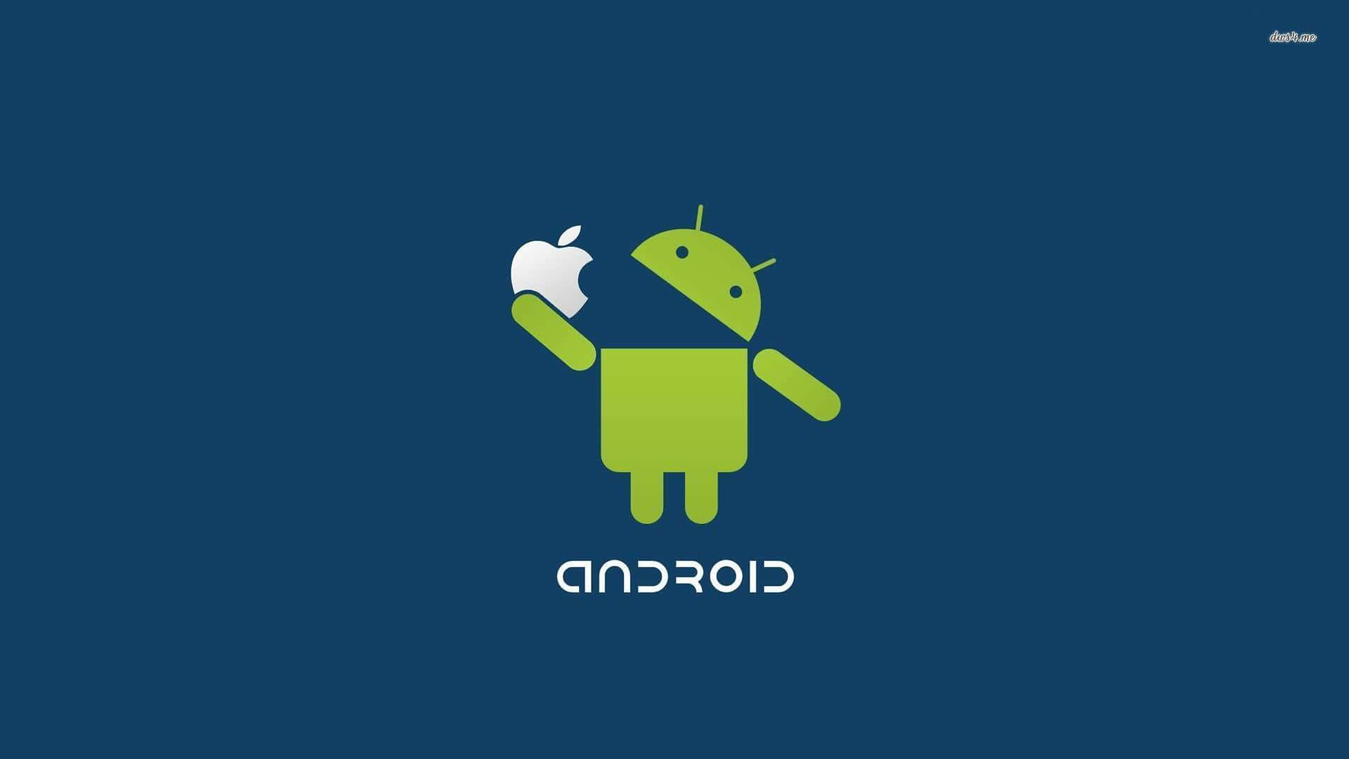 綠色Android吉祥物在藍色背景上手持Apple標誌，並帶有Android文字。