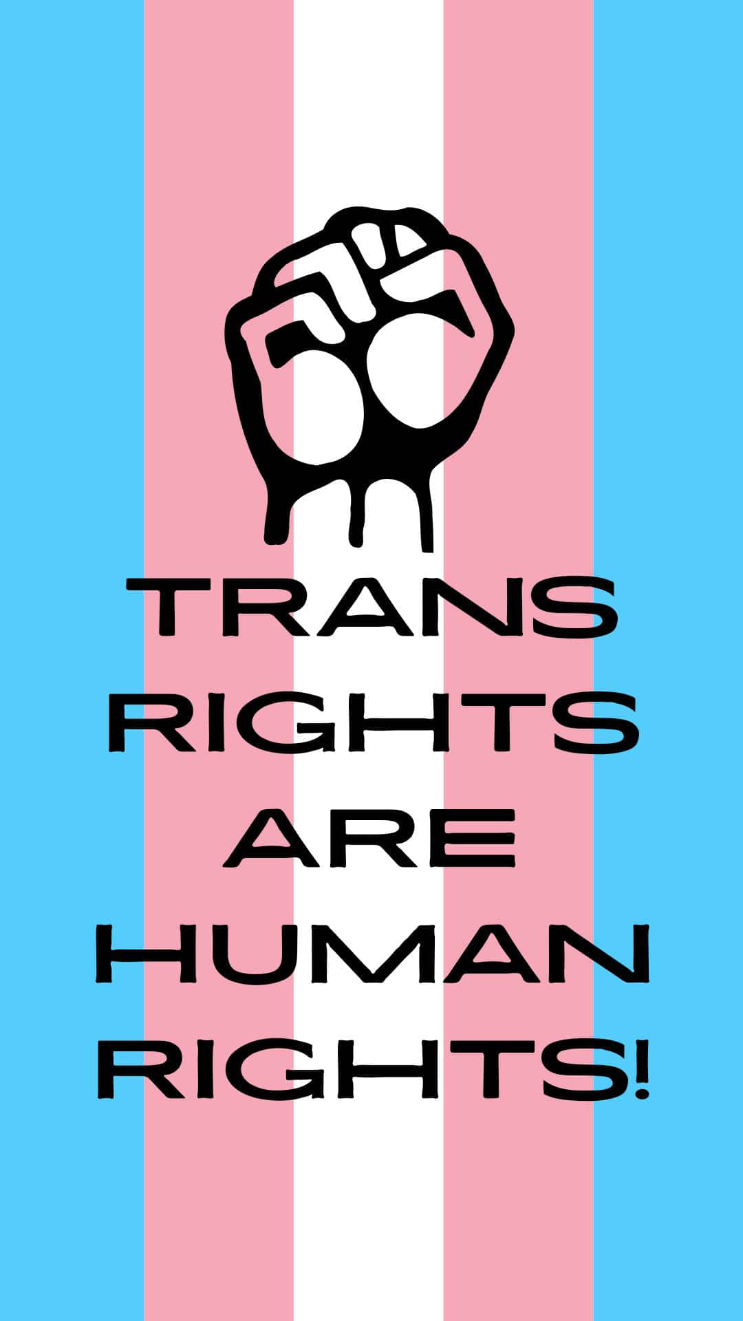 跨性別旗幟條紋上的黑色拳頭符號，帶有文字 trans rights are human rights
