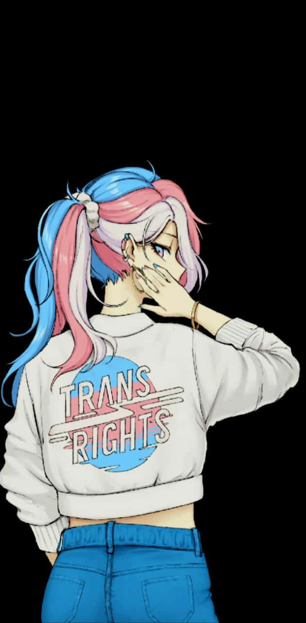 藍粉雙色頭髮的動漫女孩遮住臉，穿著 'Trans Rights' 連帽衫。