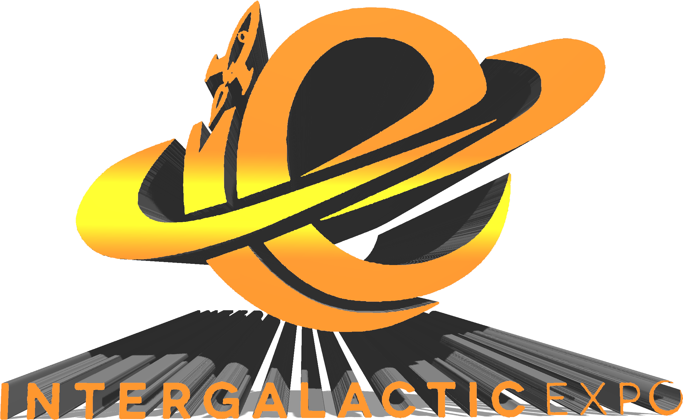 跨星際展覽標誌 壁紙 — 為Intergalactic Expo設計的風格化橙色和黑色行星，帶有光環和火箭船標誌。