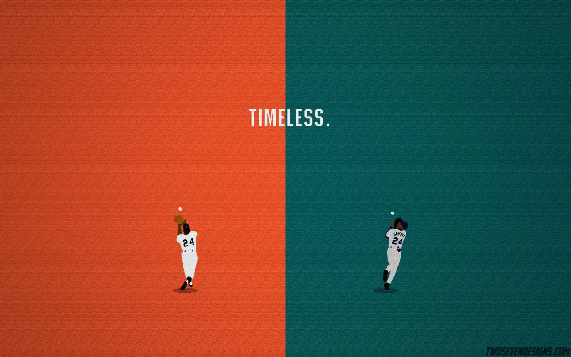 兩名風格化的棒球運動員在橙色和藍綠色背景上接球，帶有「timeless」字樣。