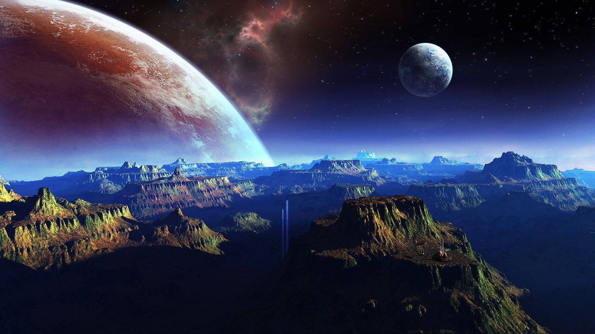 外星山脈在太空中的巨大行星和月亮之下。
