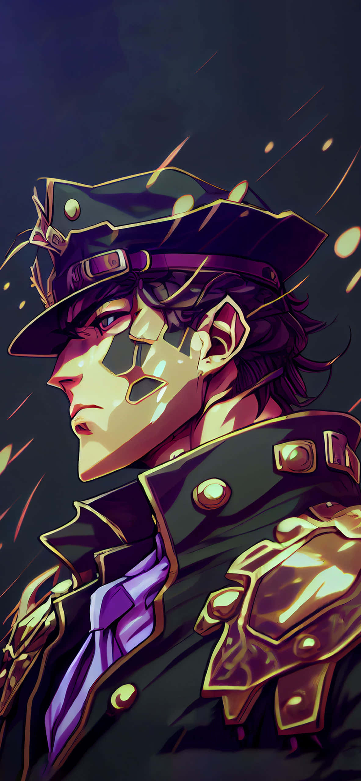 「跨越時代的英雄們：《JoJo的奇妙冒險》角色集錦」 壁紙 — 一個風格化的動漫角色，身穿深色外套和帽子，帶有金色點綴和發光粒子，背景充滿氛圍。