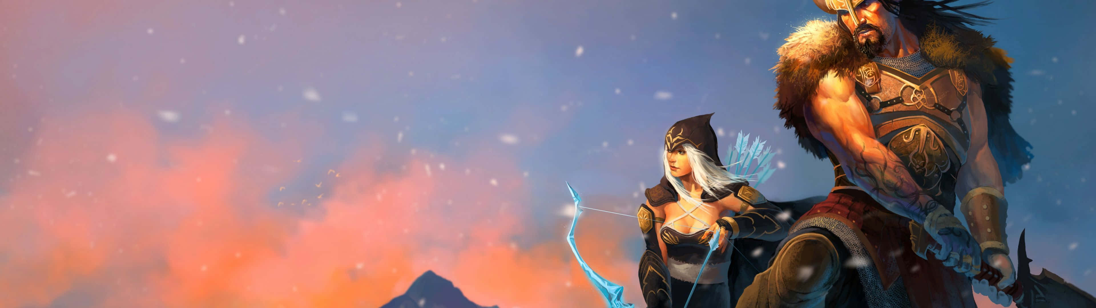 兩位身穿盔甲的奇幻戰士準備好面對雪景日落天空。