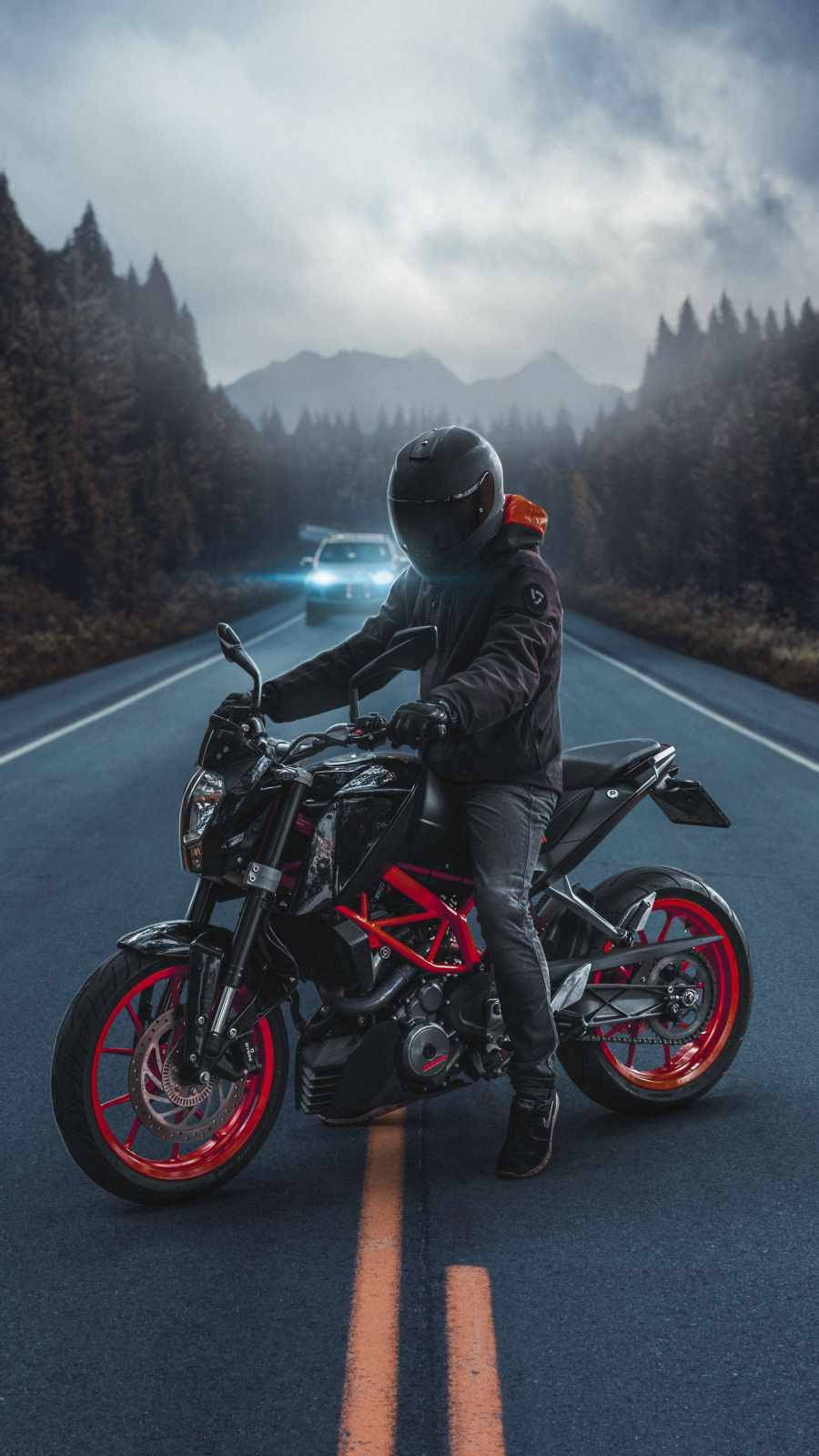 紅色輪胎的電單車手在森林道路上停下，一輛汽車駛近。