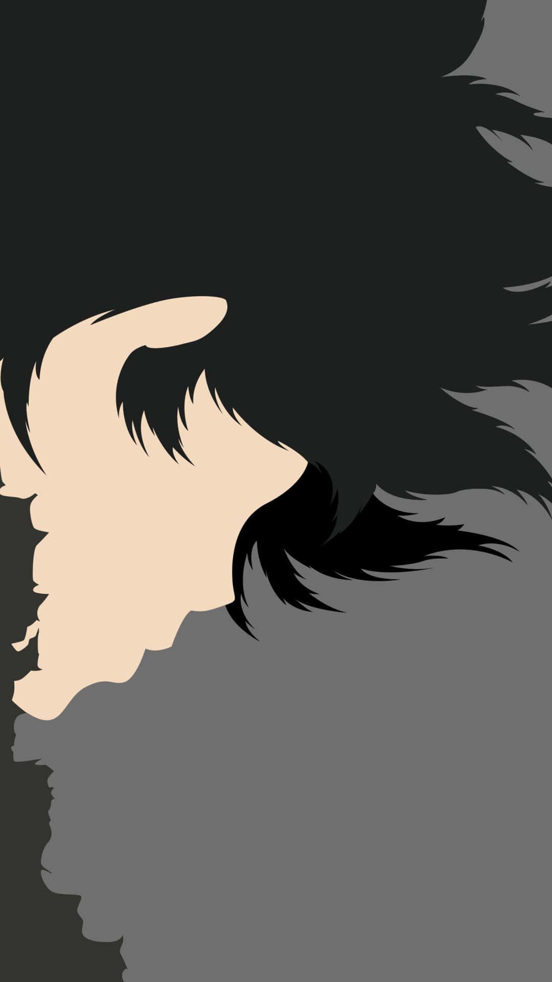 《路人女主》超強能力 - Mob 閃耀戰鬥 壁紙 — 在灰色漸變背景上，一個人的側面剪影，帶有深色尖刺頭髮的極簡風格。
