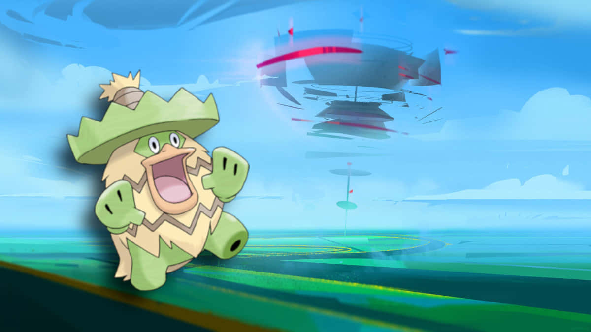 路卡利歐與Pokémon GO健身房 壁紙 — 一隻戴著葉子帽子的快樂卡通寵物小精靈跑過充滿活力的綠色田野，一艘未來風格的飛船從頭頂飛過。