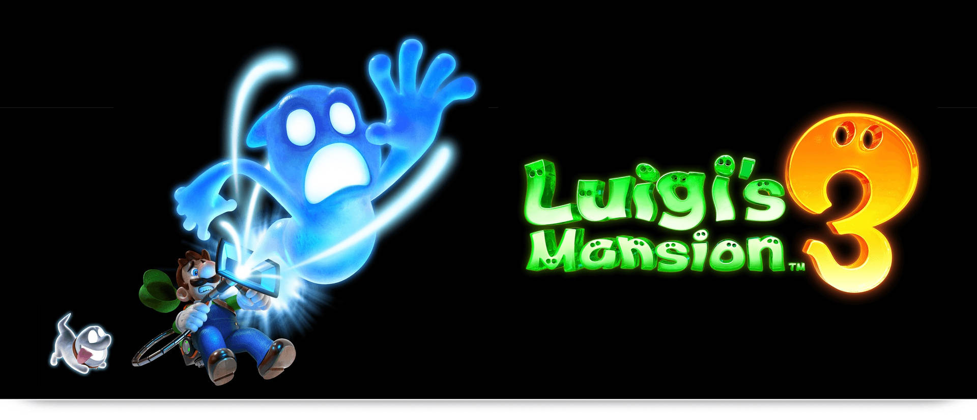 路易吉對藍色鬼魂使用鬼魂吸塵器，旁邊有 Luigi's Mansion 3 標誌發光。