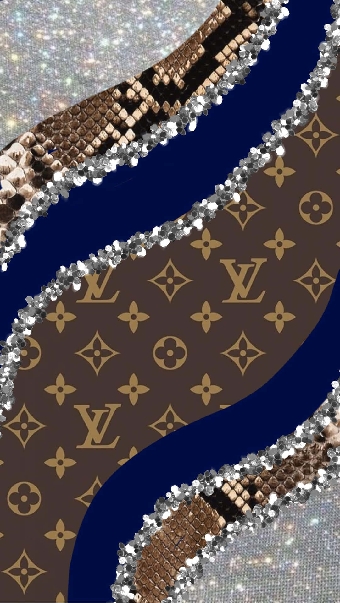 奢華時尚圖案，帶有 Louis Vuitton 字母圖案和蛇皮紋理，並以閃爍的銀色亮片點綴。