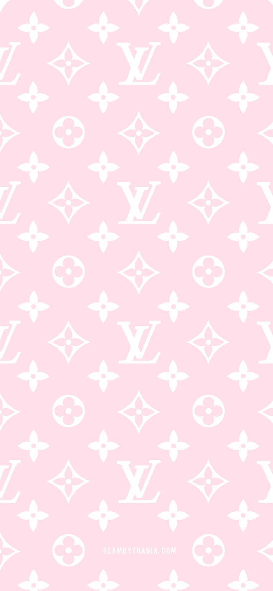 粉紅色背景，帶有白色 Louis Vuitton 字母組合圖案。