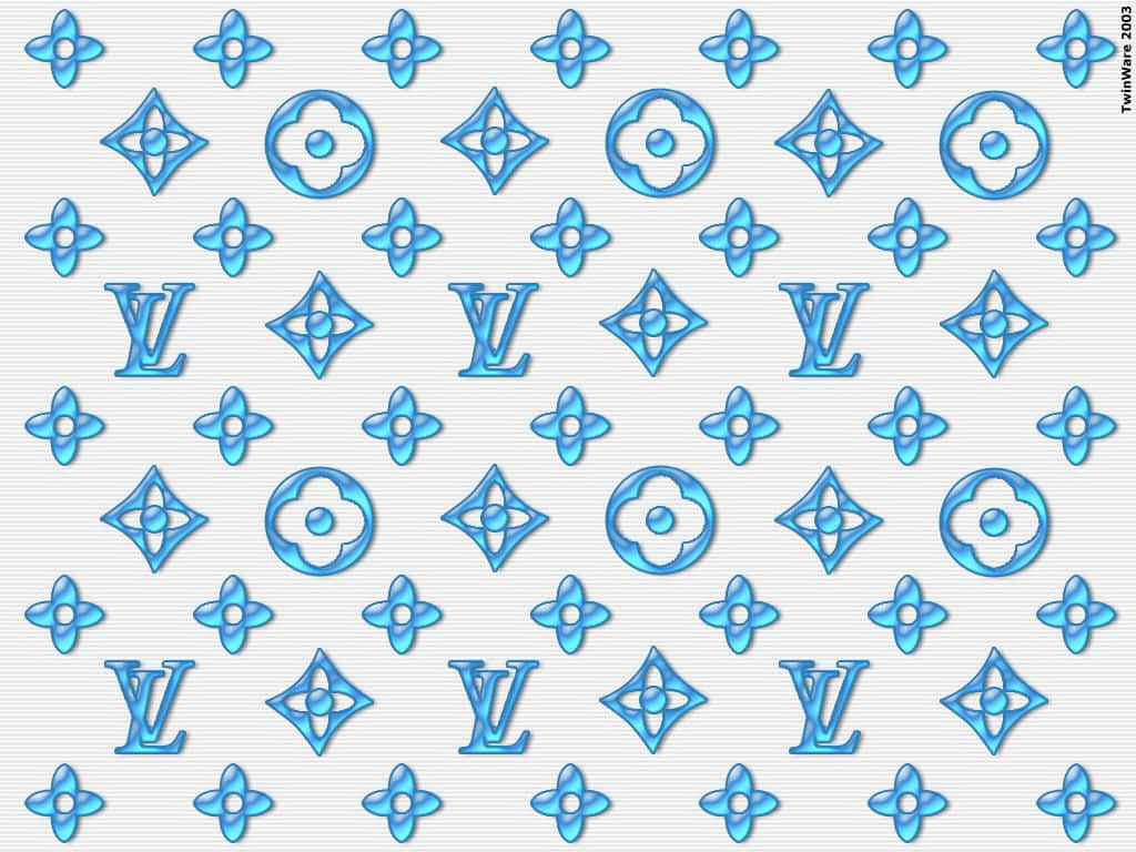 路易威登圖案天空藍色調 壁紙 — 重複的藍色 Louis Vuitton 字母組合圖案，帶有微妙陰影，位於淺灰色紋理背景上。