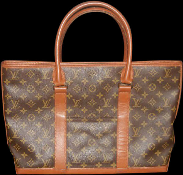 路易威登圖騰托特包 壁紙 — 一個棕色 Louis Vuitton 字母組合帆布手提袋，配有棕褐色皮革手柄和飾邊，背景為黑色。