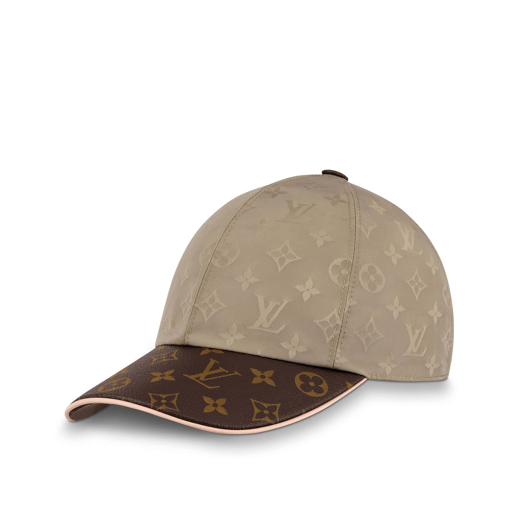 路易威登的優雅與奢華 壁紙 — 米色和棕色的 Louis Vuitton 帽子，經典 monogram 圖案，粉紅色飾邊，純白背景。