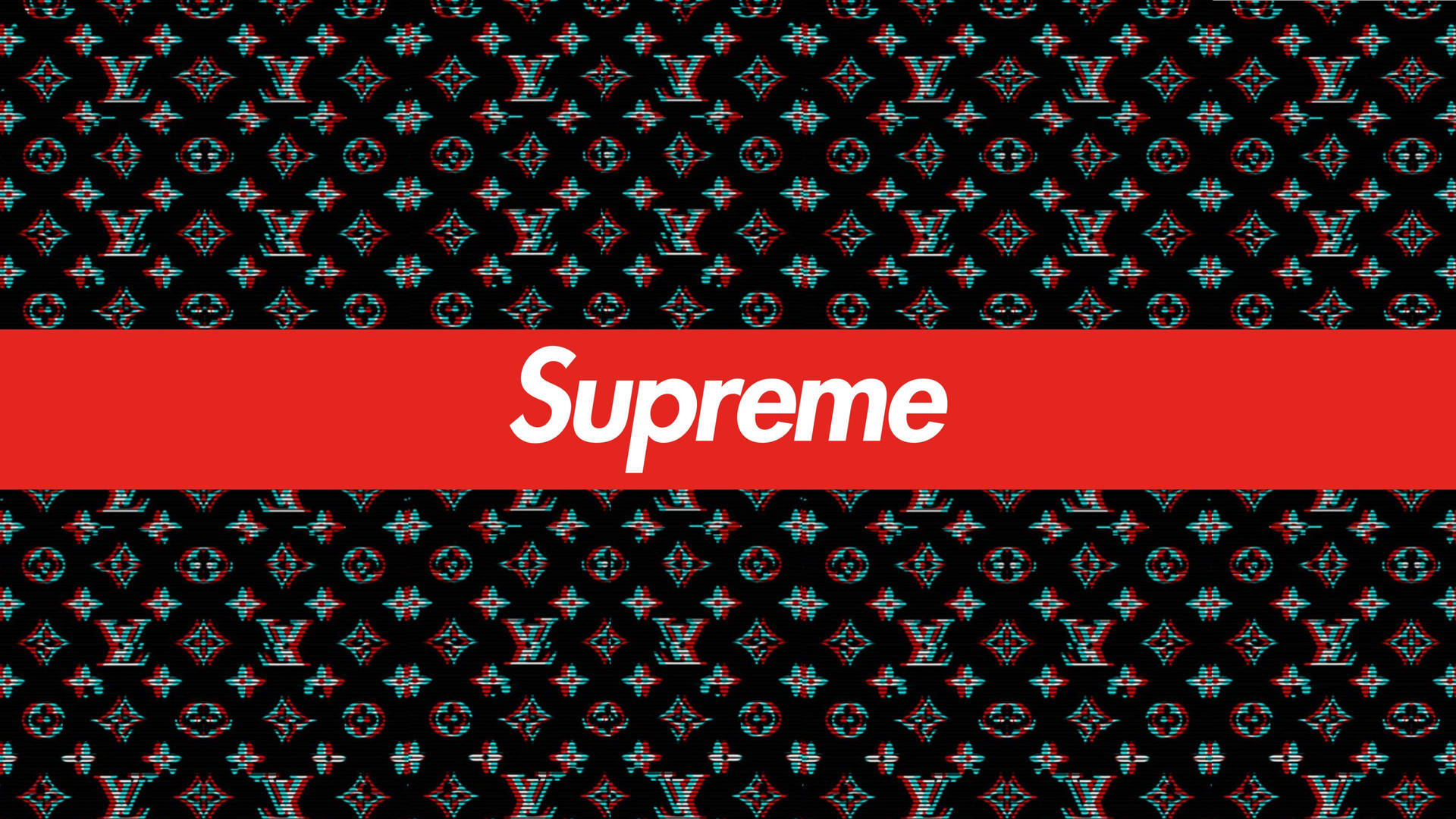 紅色Supreme標誌在黑色LV字母組合故障圖案壁紙上。