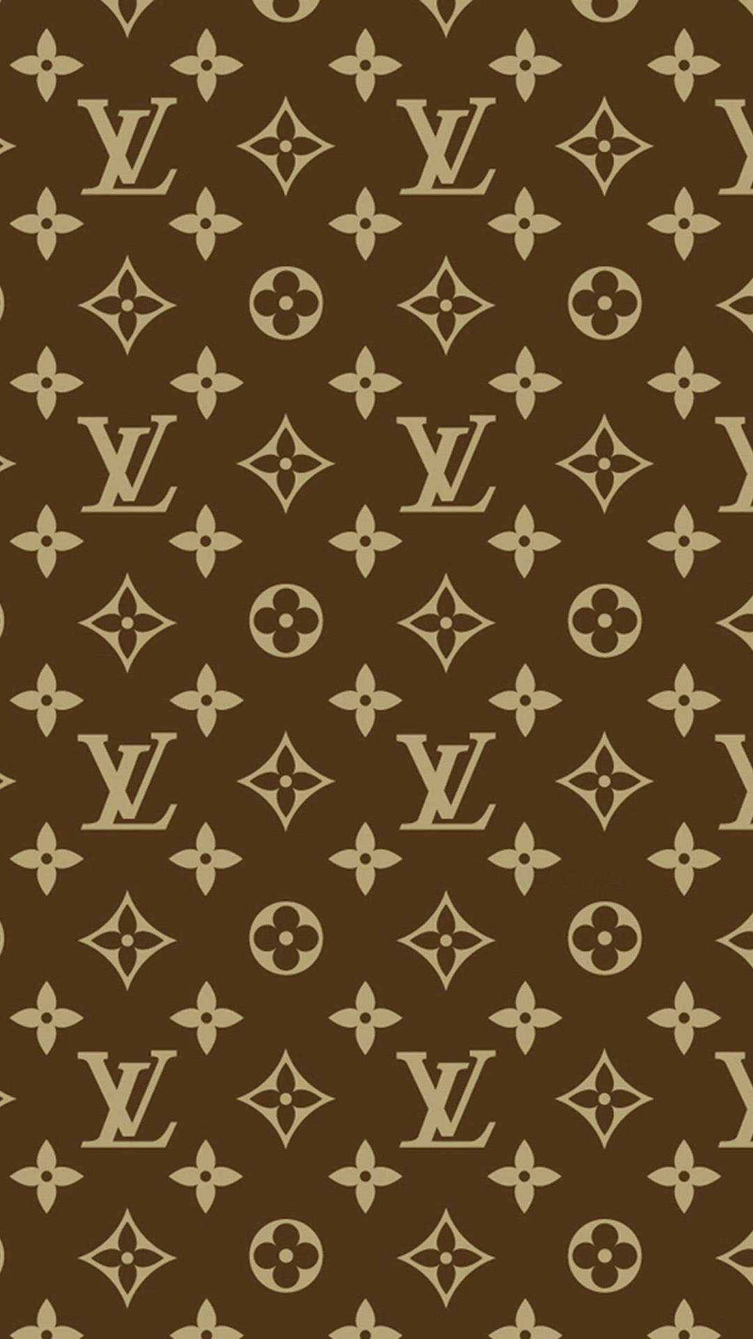 棕色 Louis Vuitton 字母組合圖案牆紙，帶有重複的標誌和花卉設計。