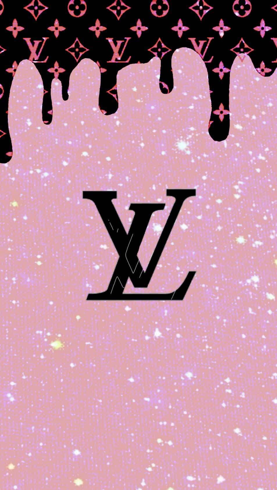 粉紅色閃粉背景，帶有滴落的黑色Louis Vuitton monogram和中央標誌。