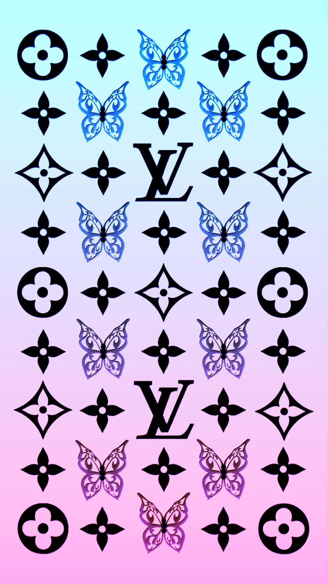牆紙上帶有重複的 Louis Vuitton 標誌和蝴蝶，背景為粉紅色至藍色漸變。