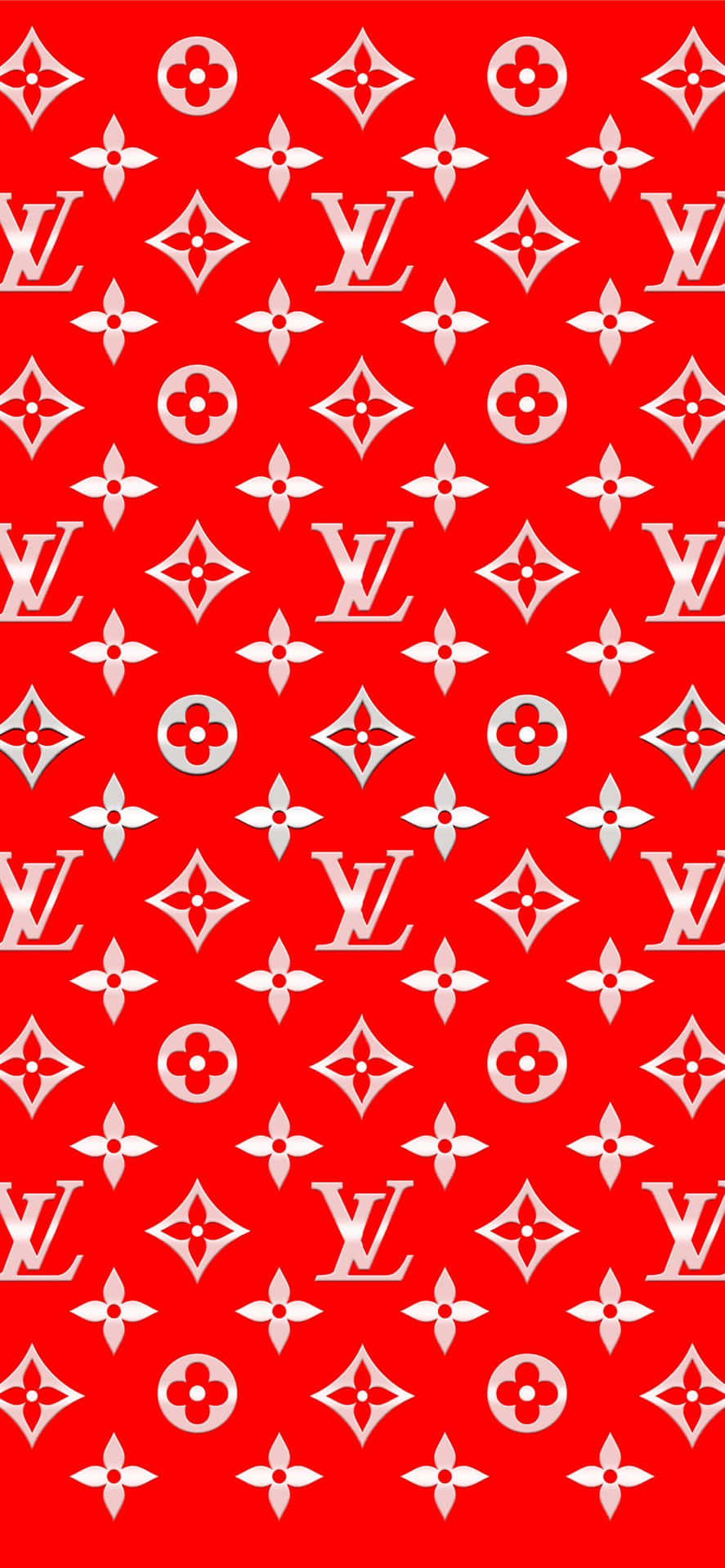 紅色和白色Louis Vuitton字母組合圖案牆紙。