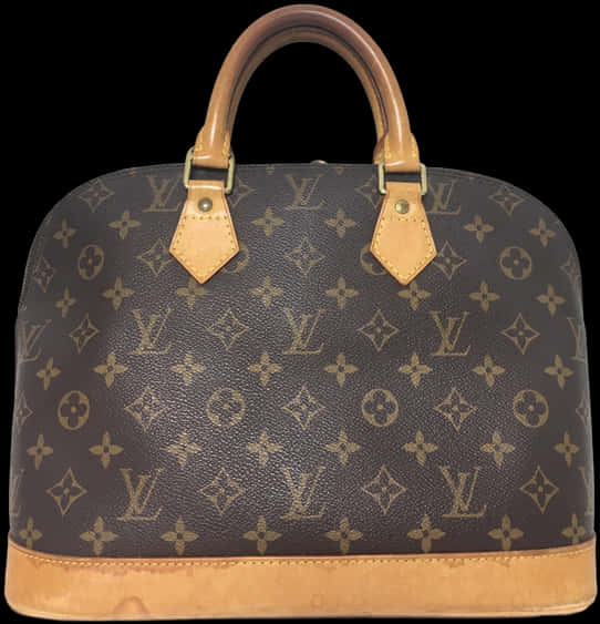路易威登經典圖案手袋 壁紙 — 經典棕色Louis Vuitton Alma手袋，帶有Monogram圖案和棕褐色皮革手柄，黑色背景。