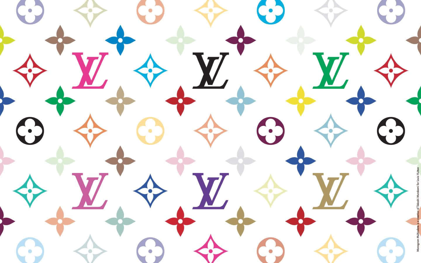 色彩繽紛的 Louis Vuitton 字母組合和花卉圖案壁紙。