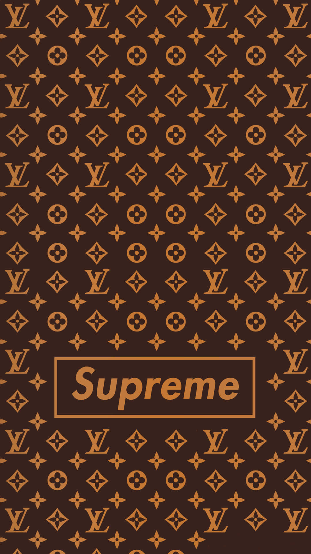 路易威登經典棕色印花搭配Supreme標誌 壁紙 — 棕色牆紙，帶有重複的金色 Louis Vuitton 字母組合圖案和中央 Supreme 標誌。