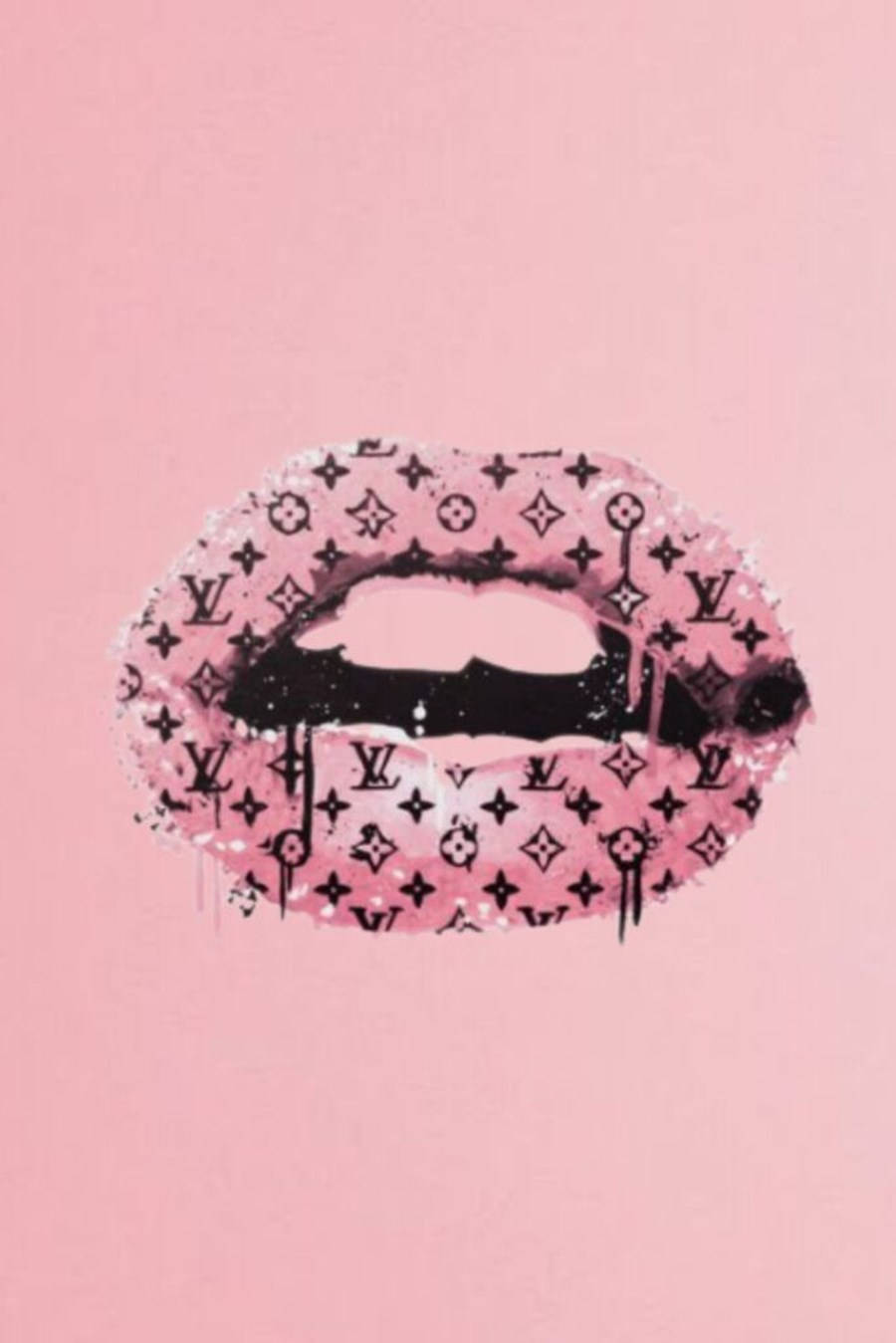 粉紅色背景上帶有滴落 Louis Vuitton 字母圖案的粉紅色嘴唇。