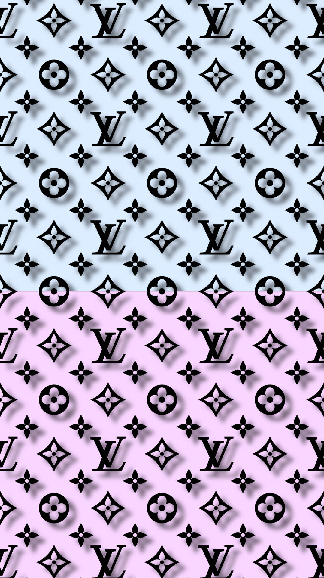 在藍色和粉紅色背景上的黑色 Louis Vuitton 字母組合圖案。