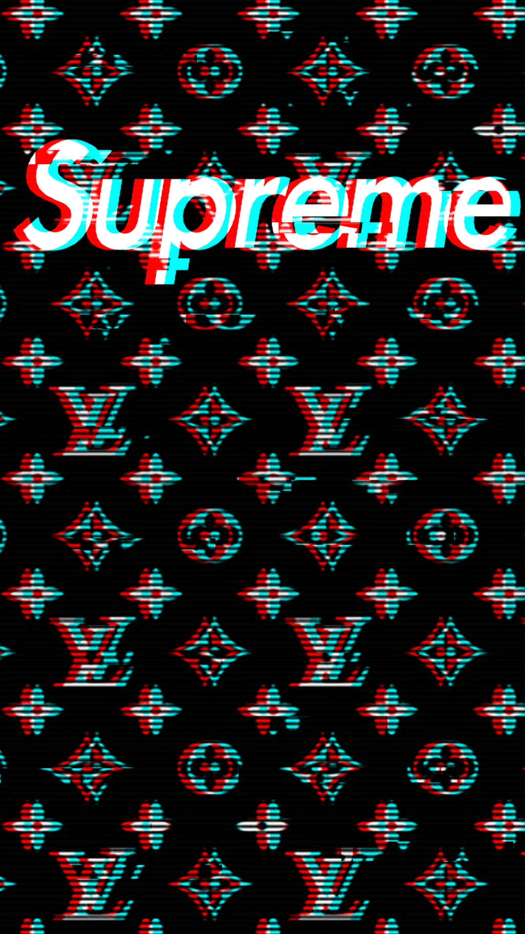 路易威登與Supreme故障藝術設計師美學 壁紙 — 一個帶有故障效果的紅色和青色Supreme標誌重疊在黑色背景上重複的Louis Vuitton字母組合圖案上。