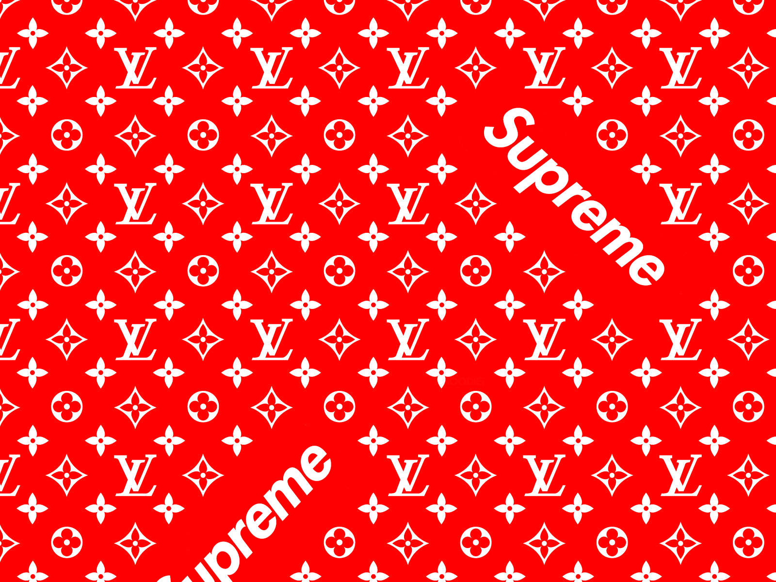 紅色背景，帶有白色 Louis Vuitton 字母組合和對角 Supreme 標誌。