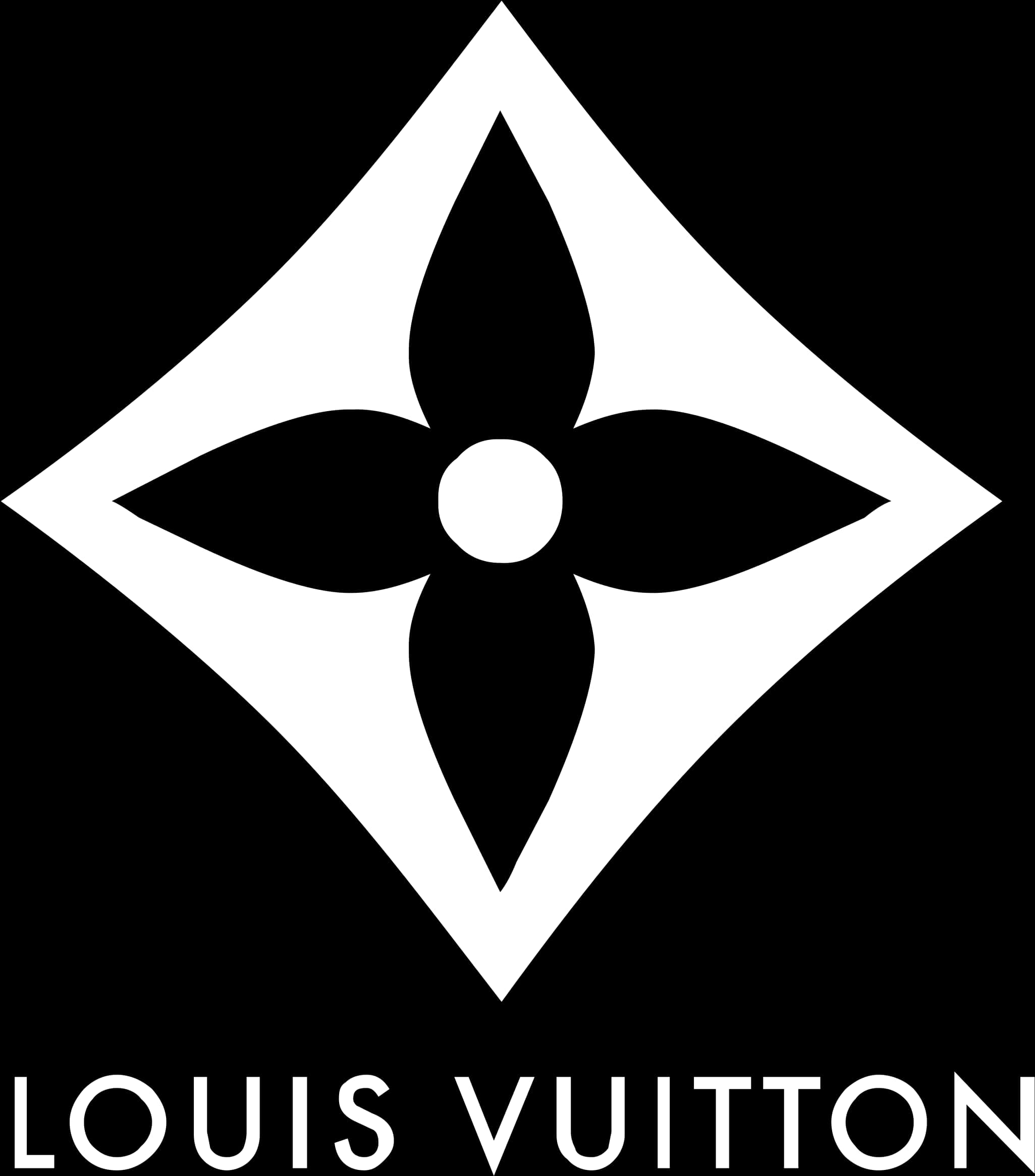 路易威登黑白標誌 壁紙 — 一個清晰的黑白 Louis Vuitton 標誌，帶有鑽石形字母組合及下方品牌名稱。