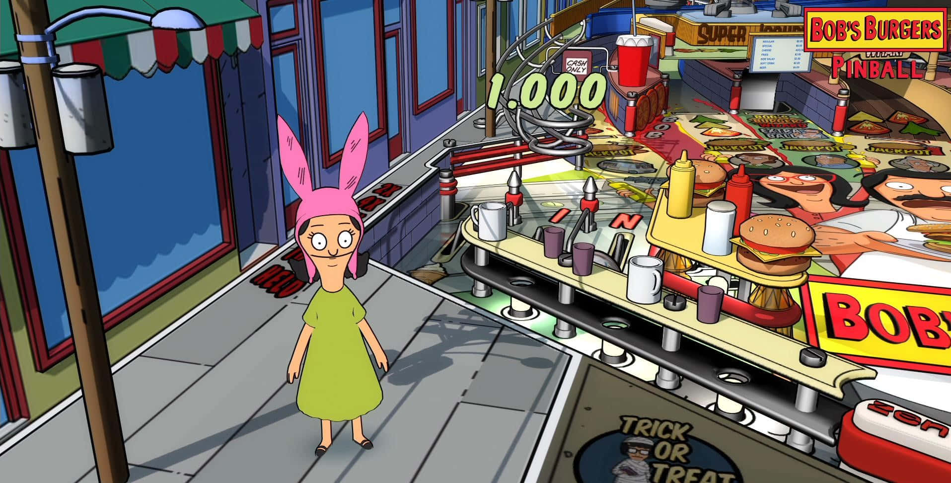 路易斯站在彈珠機旁 Bob's Burgers 背景 壁紙 — Bob's Burgers 的 Bobbie 站在一個以漢堡和卡通人物為主題的巨大彈球機旁，在色彩繽紛的遊戲廳中。