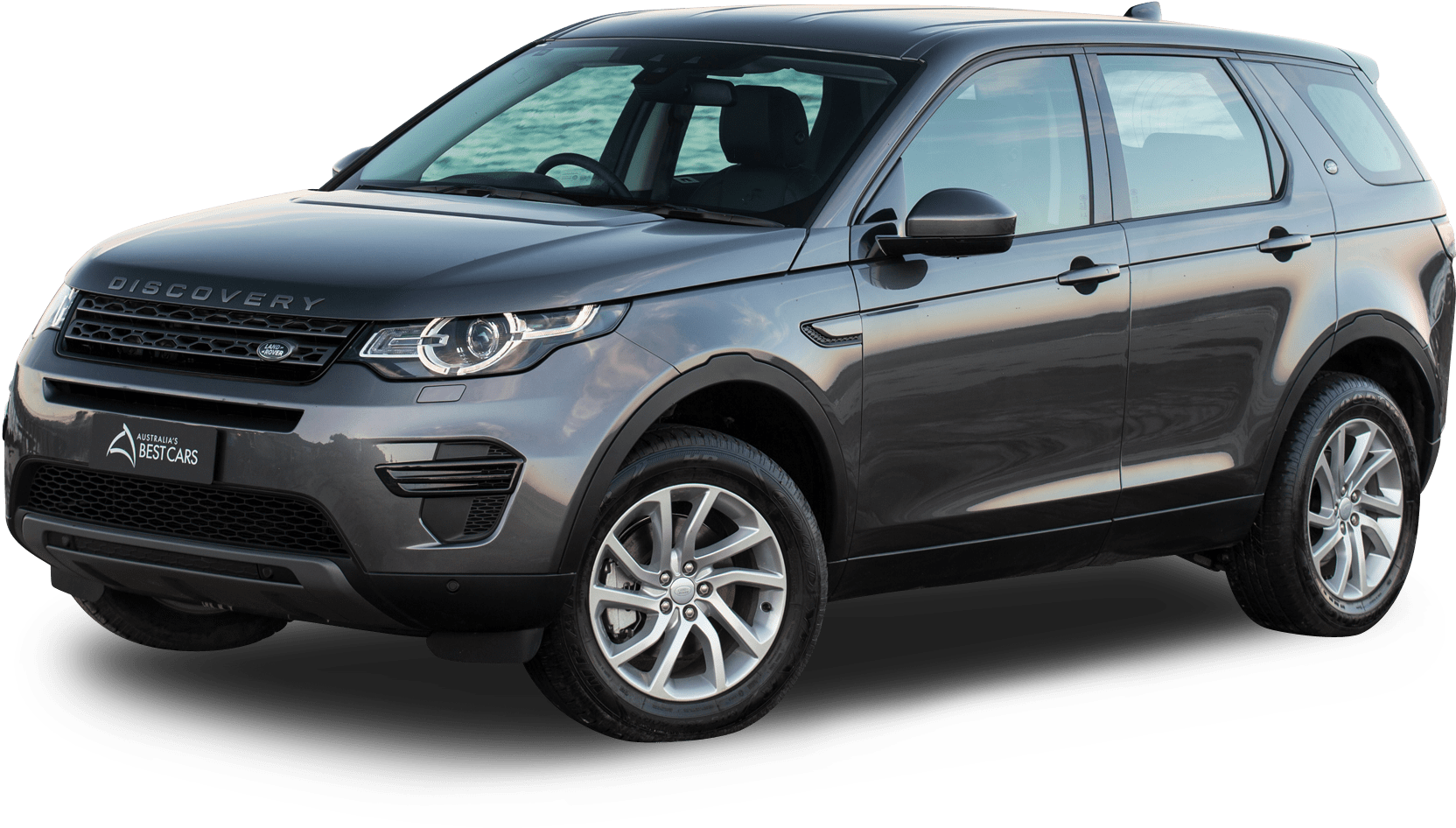 路虎發現車側面視圖 壁紙 — 一輛時尚的灰色 Land Rover Discovery SUV 在透明背景上展示，工作室燈光凸顯其現代設計和合金輪圈。