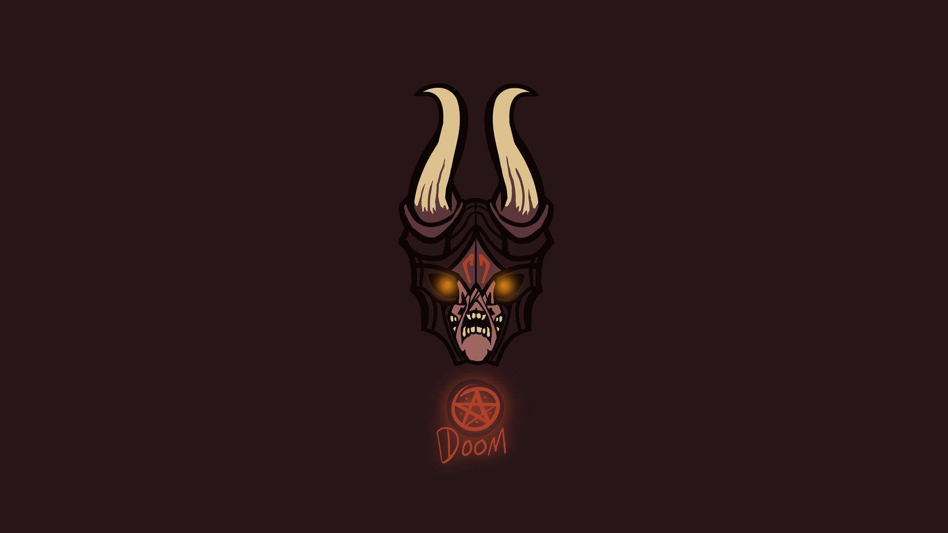 一個帶有發光眼睛和角的威脅性惡魔頭顱，位於發光五角星和'DOOM'文字上方。