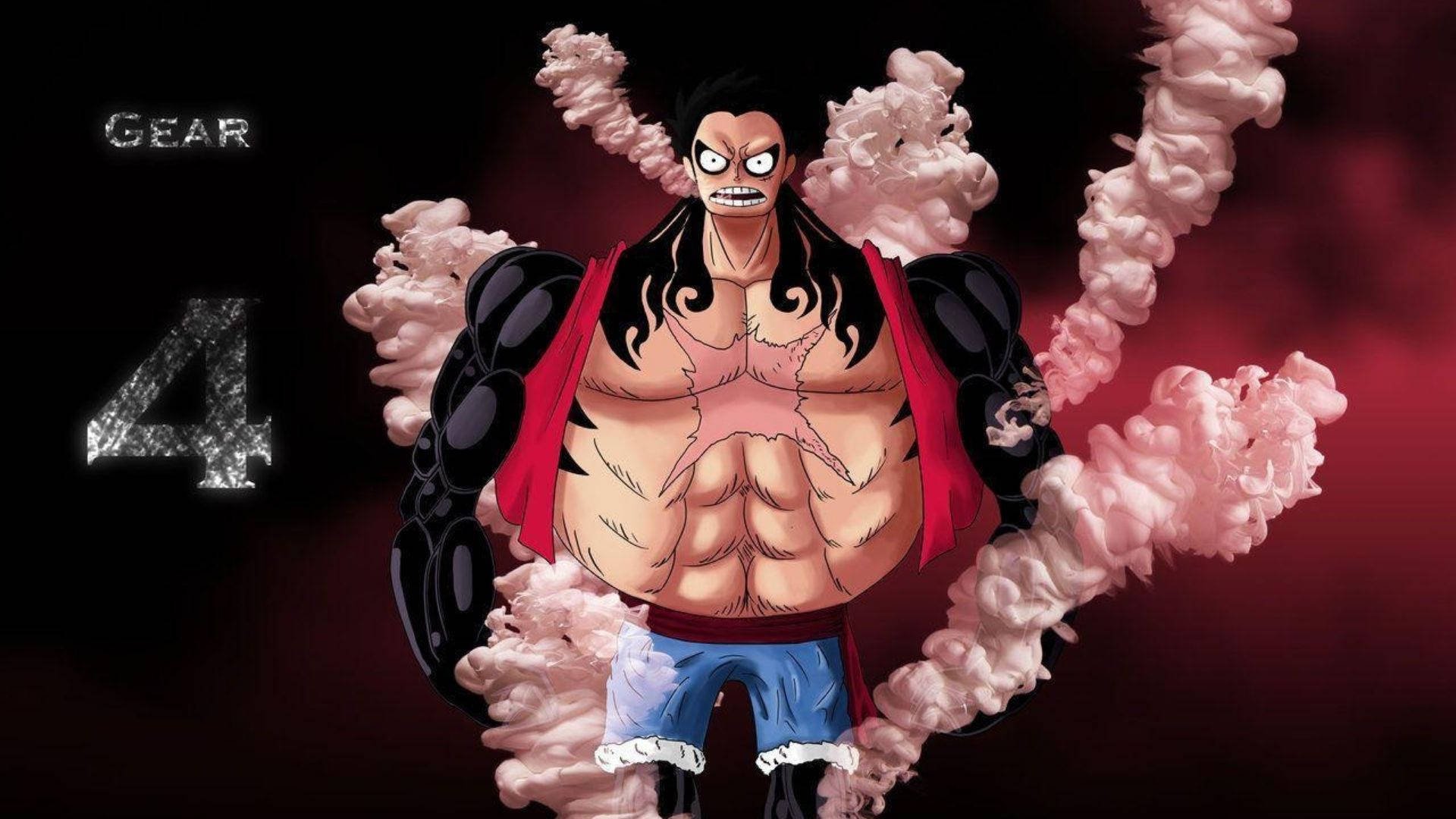 Gear 4 形態的動漫角色被粉紅色煙霧包圍，身穿紅色斗篷和藍色短褲。