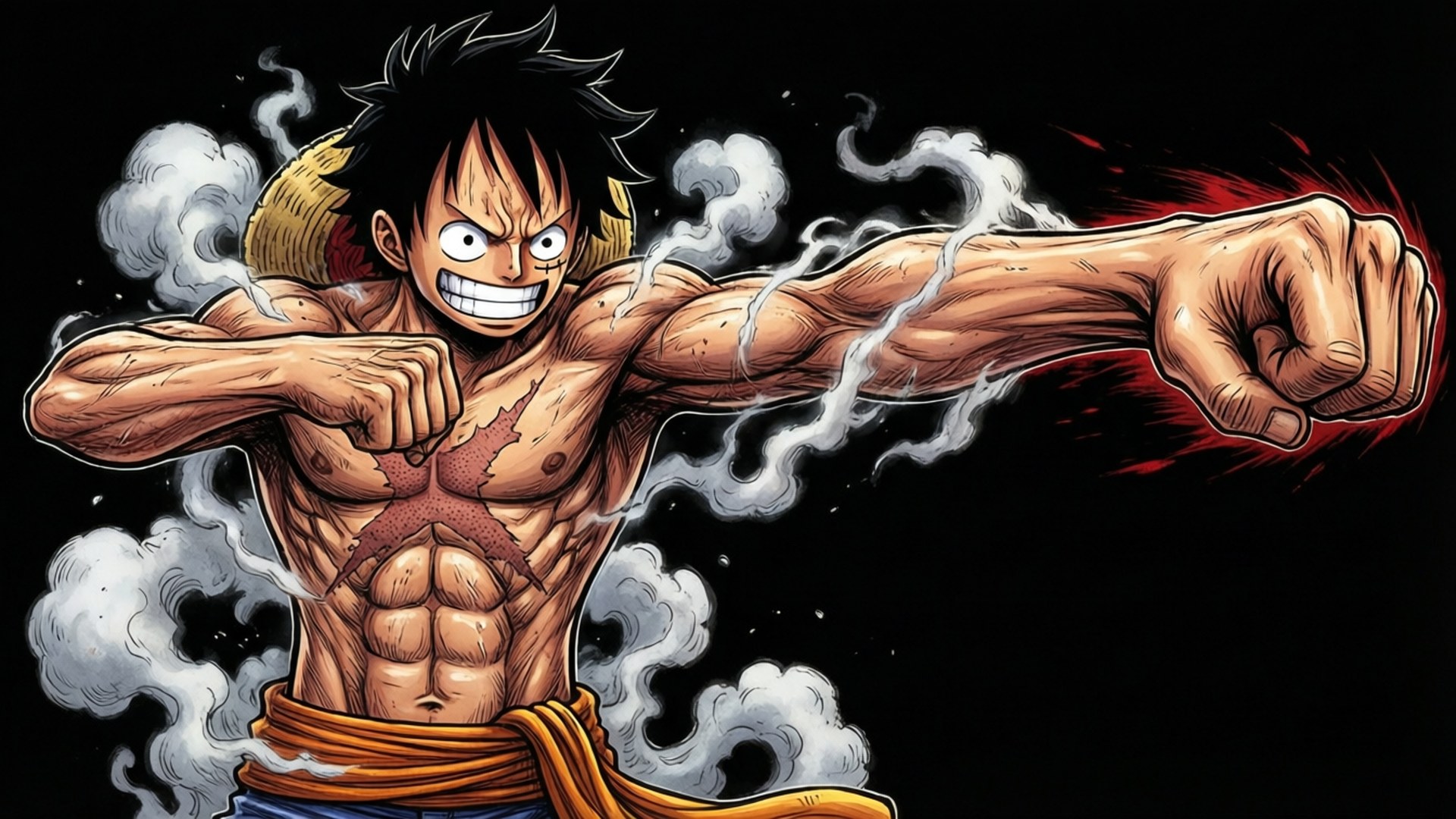 路飛 Gear Second 動作造型 壁紙 — 一個肌肉發達的動漫海盜，有著尖刺黑髮和草帽，在黑色背景前揮拳，拳頭爆發出蒸汽和紅色能量。