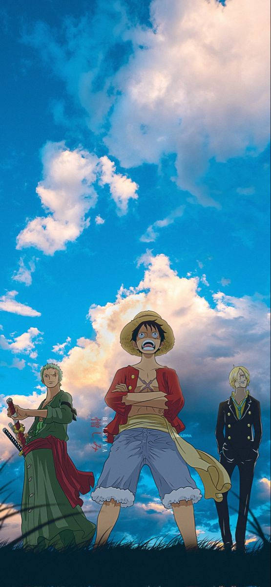 三個動漫角色站在草地上，天空多雲。