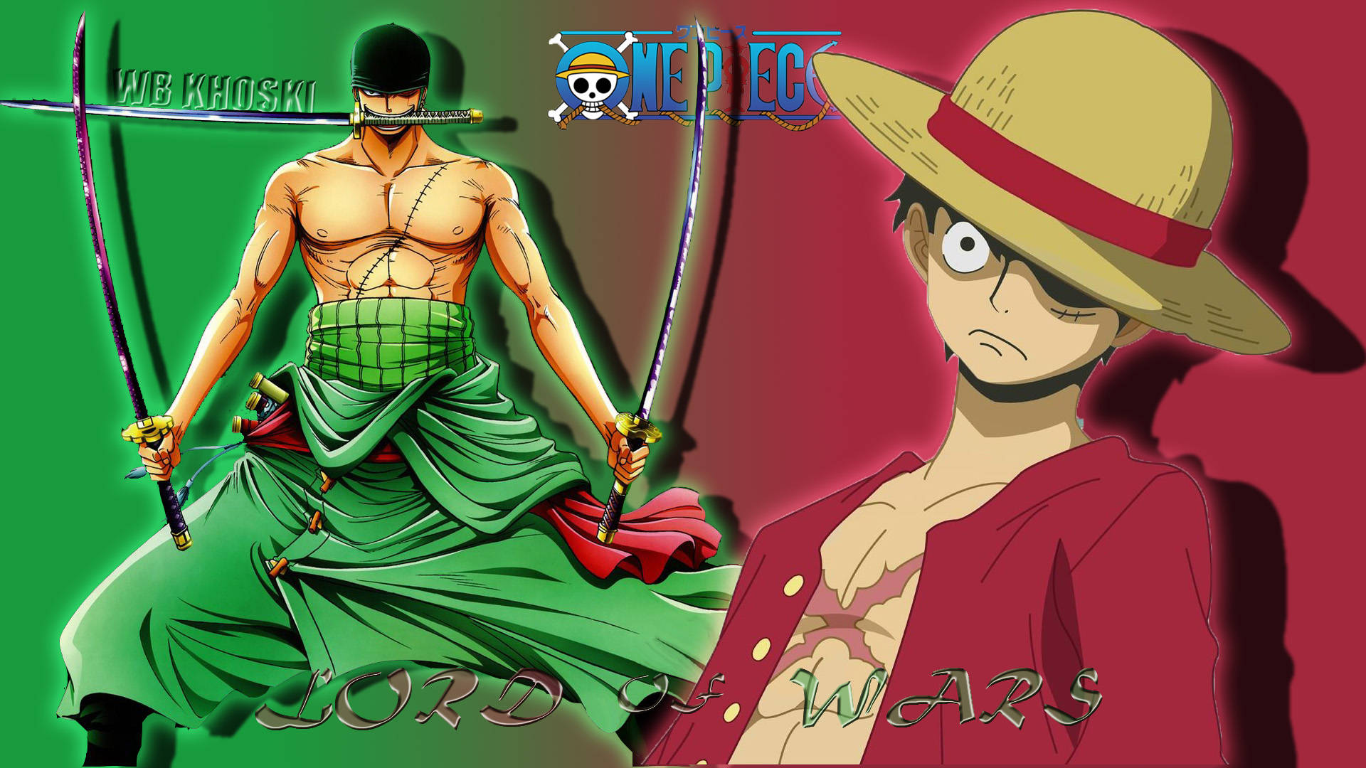 路飛4K與索隆 壁紙 — 兩個來自《One Piece》的動漫戰士準備戰鬥，一個身穿綠色衣服手持劍，另一個身穿紅色衣服戴著草帽。