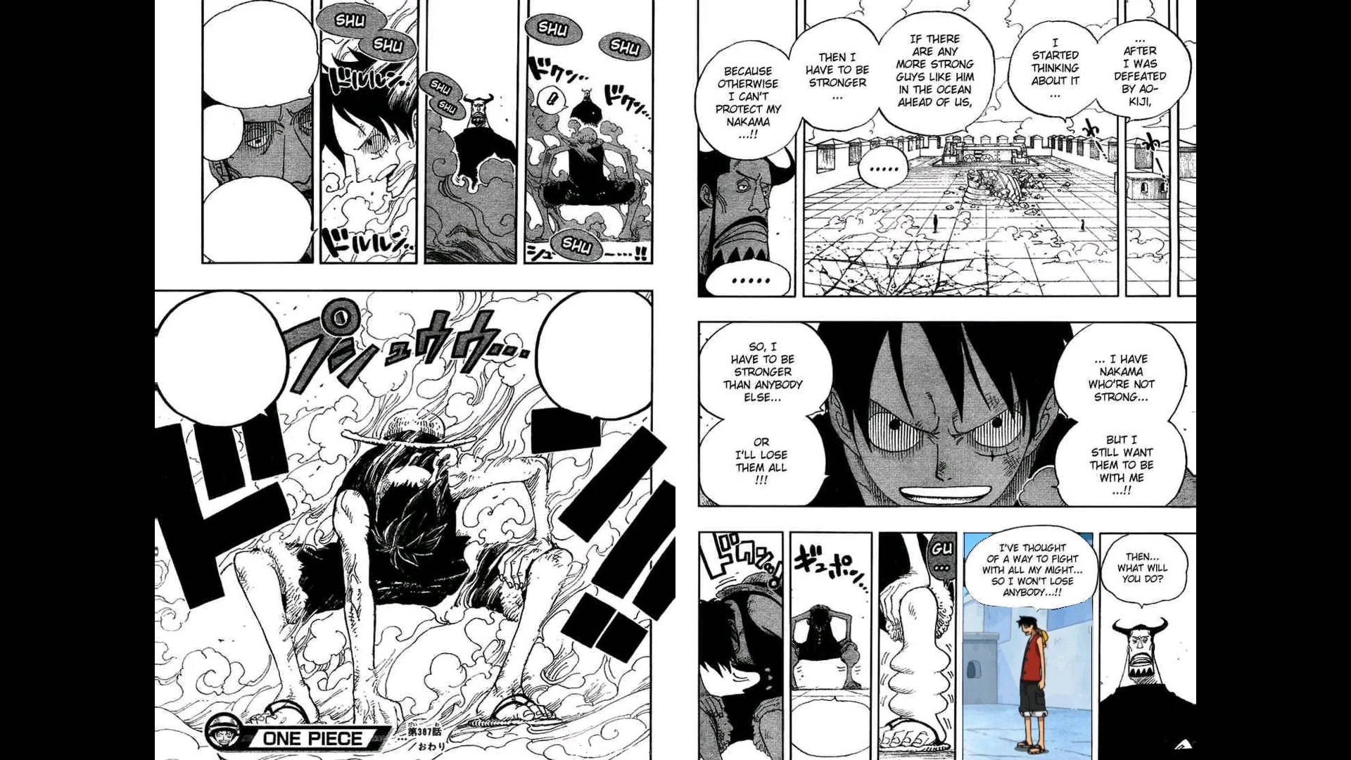 路飛二檔裝備漫畫分鏡 壁紙 — 來自《One Piece》的黑白漫畫格展示了一個堅定的角色在戲劇性的音效和內省對話中激烈訓練。