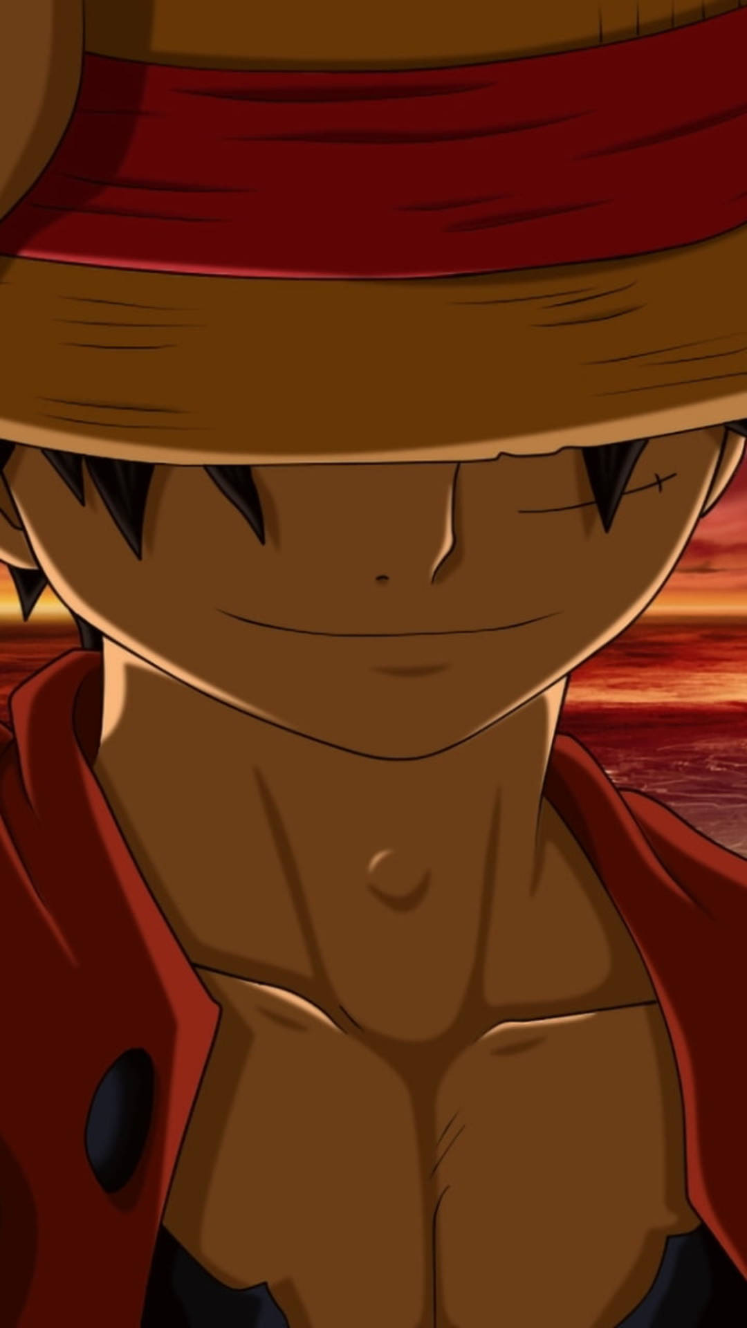 路飛夕陽簡約美學繪畫 壁紙 — 戴草帽和紅色外套的動漫男孩微笑特寫，背景是火紅的日落天空。