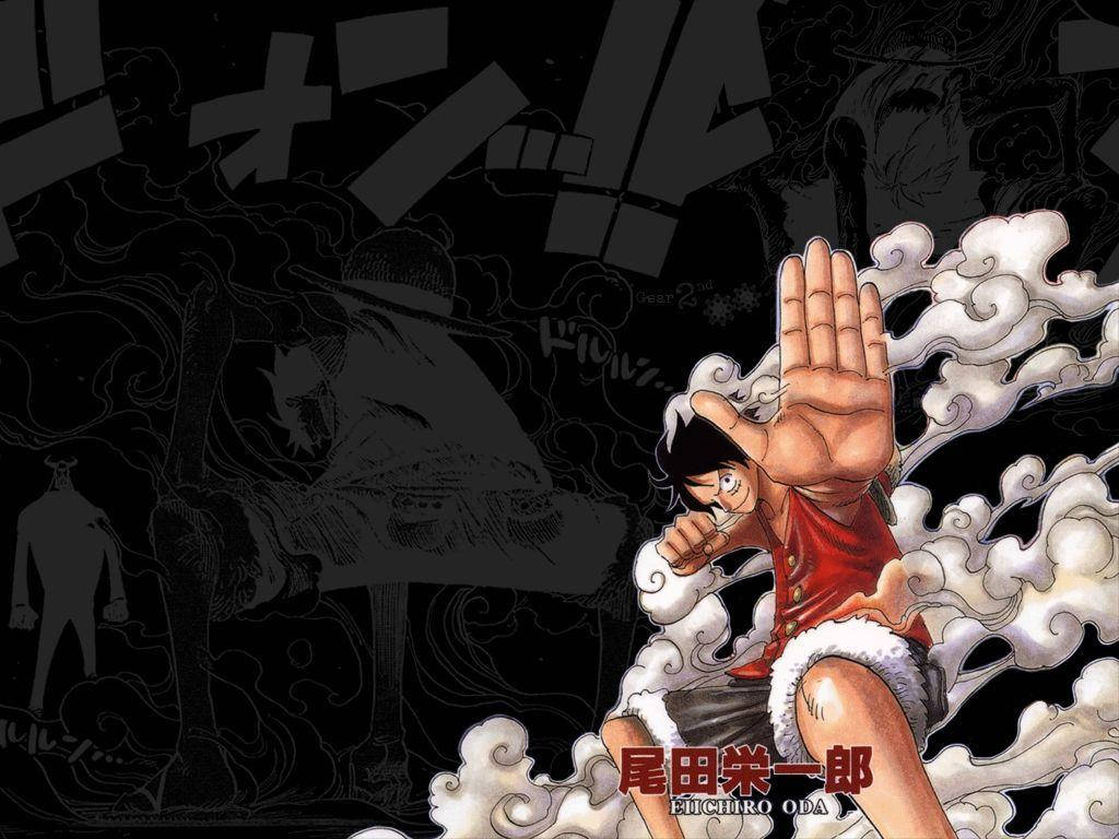 動漫角色路飛身穿紅色襯衫、戴著草帽，在煙霧效果中向前揮拳。
