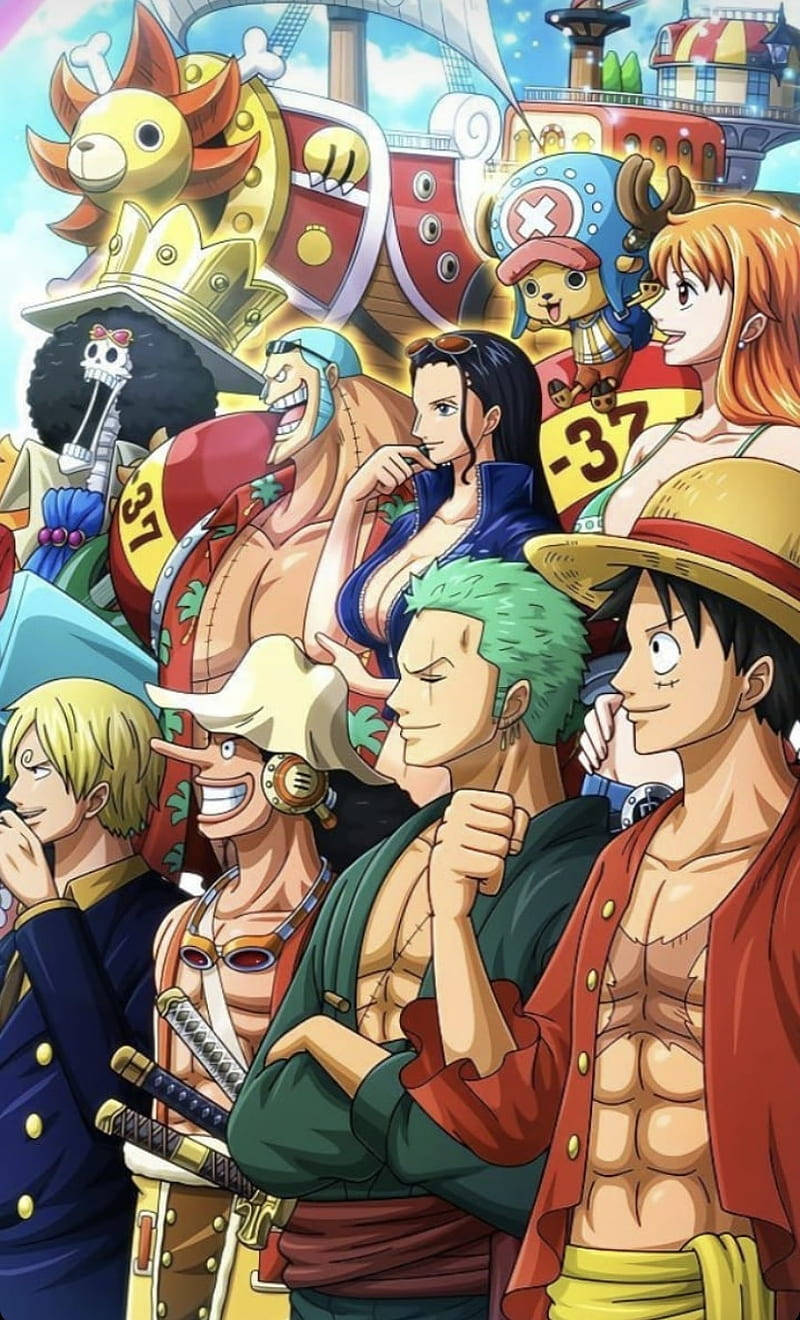 《ONE PIECE》動畫船員以英雄姿態與他們的船隻在背景中擺出姿勢。