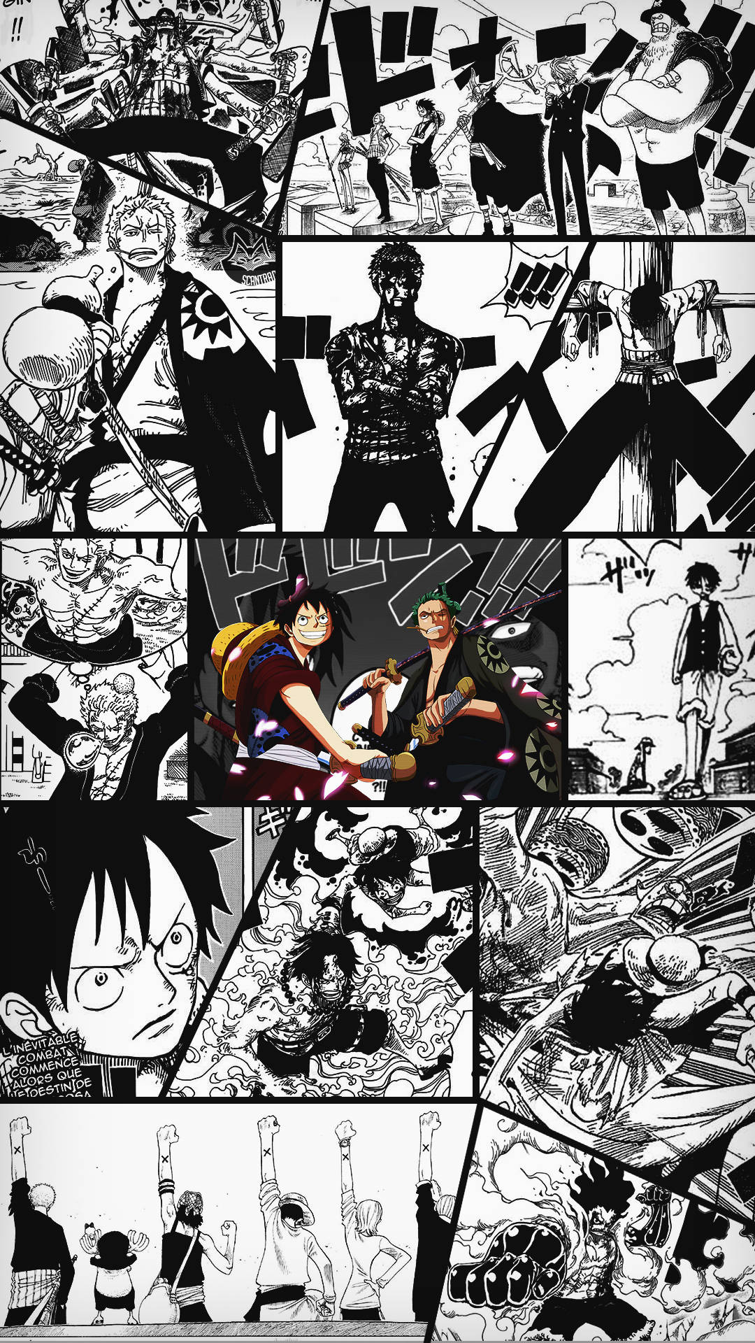 《One Piece》的黑白漫畫面板，特色是激烈的動作和富有表現力的角色。