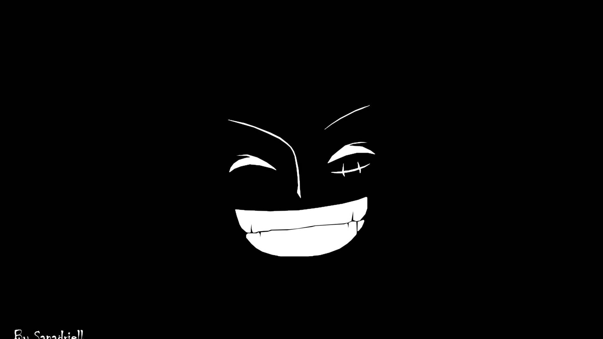 路飛黑白微笑臉部 壁紙 — 一個鮮明的白色極簡面孔，帶有縫合的眼睛和寬闊的笑容，背景為純黑色。