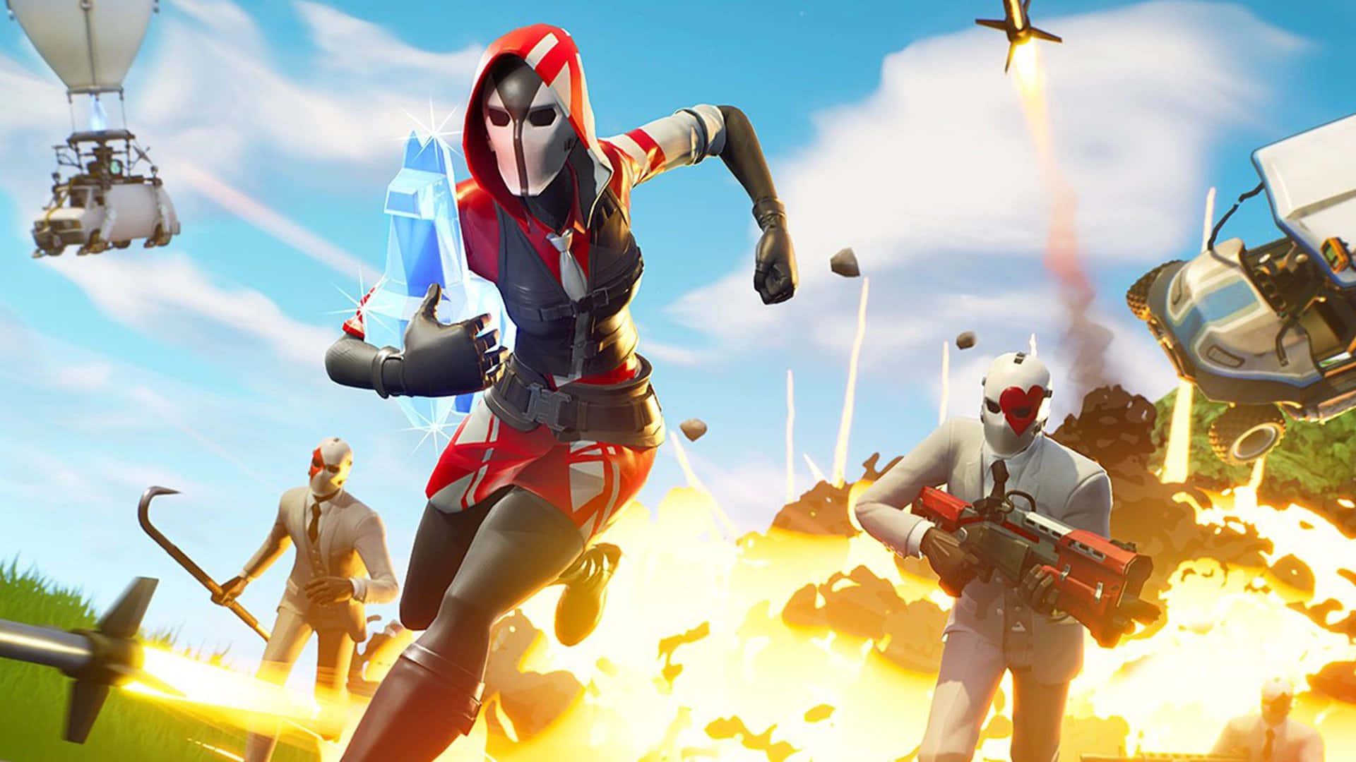 Fortnite角色在明亮的天空下與爆炸和飛行車輛戰鬥。