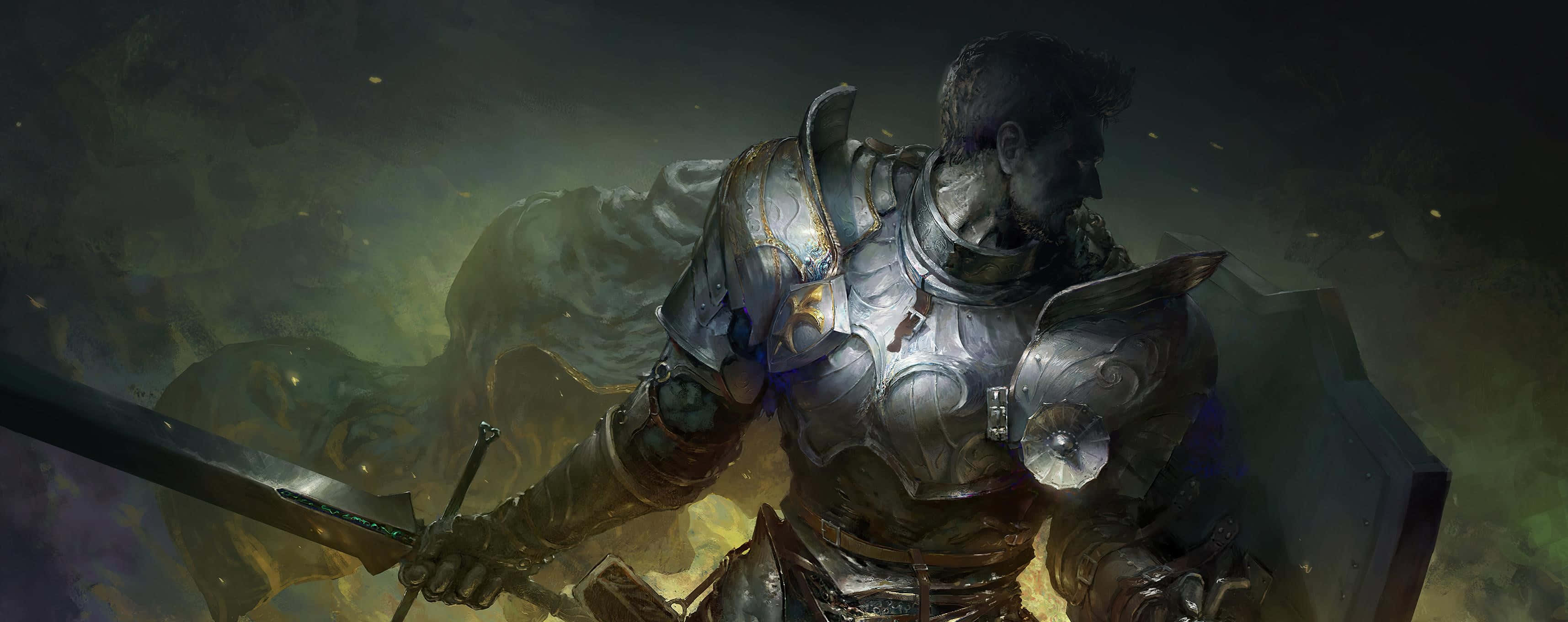 跳入《Mordhau》戰鬥 壁紙 — 一位身穿華麗銀色盔甲的黑暗奇幻騎士，在煙霧瀰漫的綠色戰場上揮舞劍與盾。
