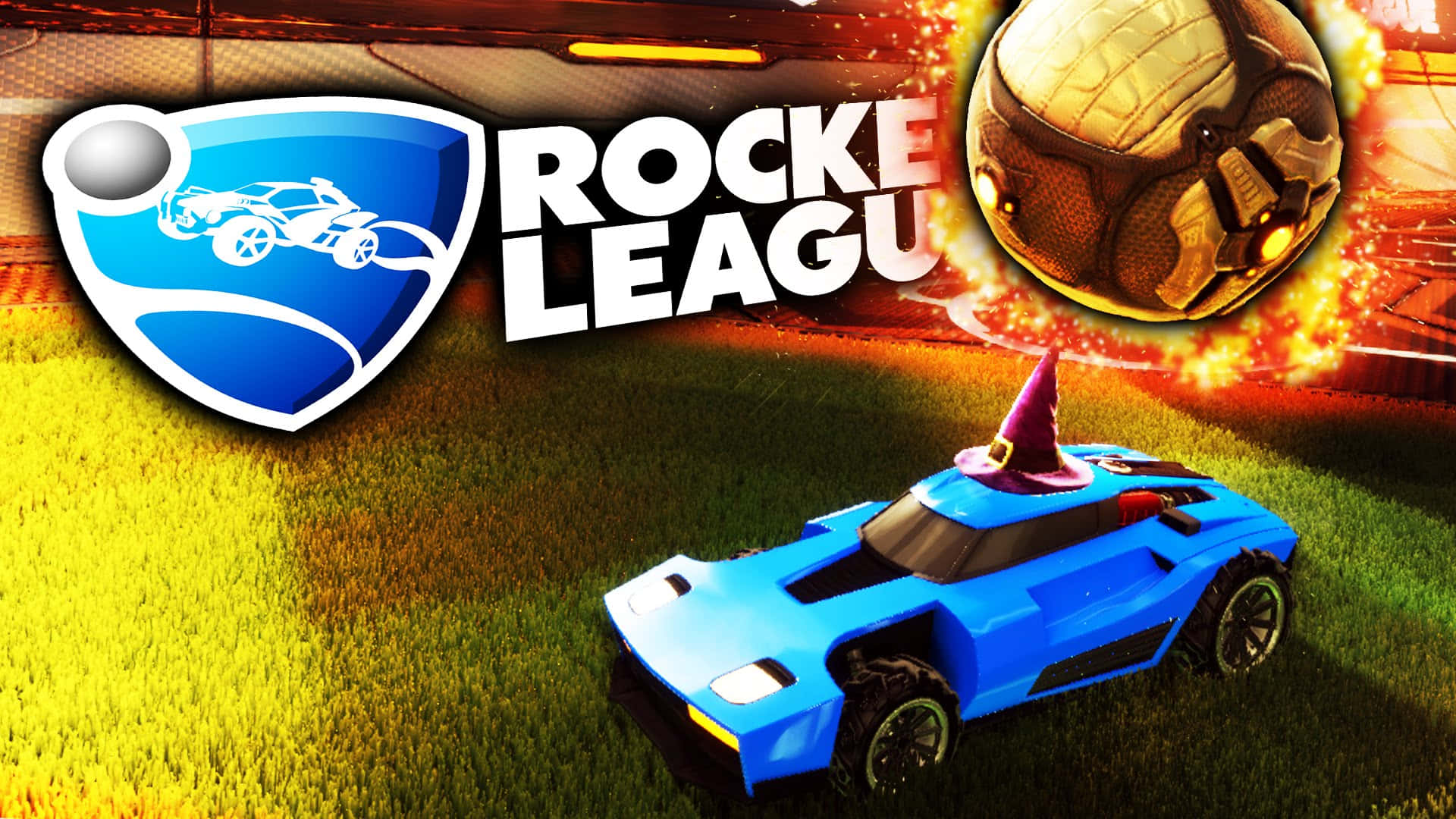 跳入 Rocket League 的精彩世界 壁紙 — 一輛藍色火箭動力汽車戴著巫師帽，在燃燒的體育場燈光下的草地上行駛，出現在《Rocket League》遊戲場景中。