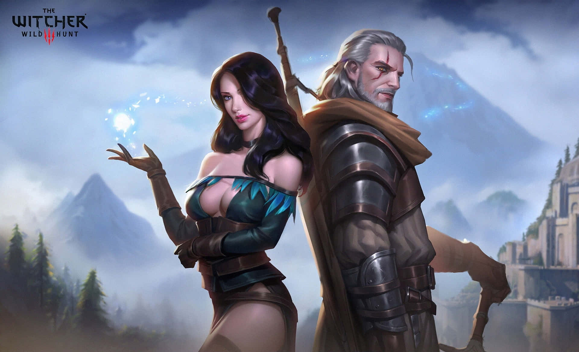 獵魔士和女巫在奇幻山景中，魔法光芒閃耀