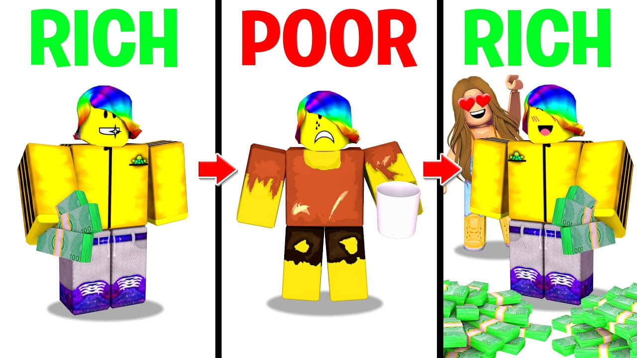 Roblox角色展示富有貧窮富有，有金錢和女孩