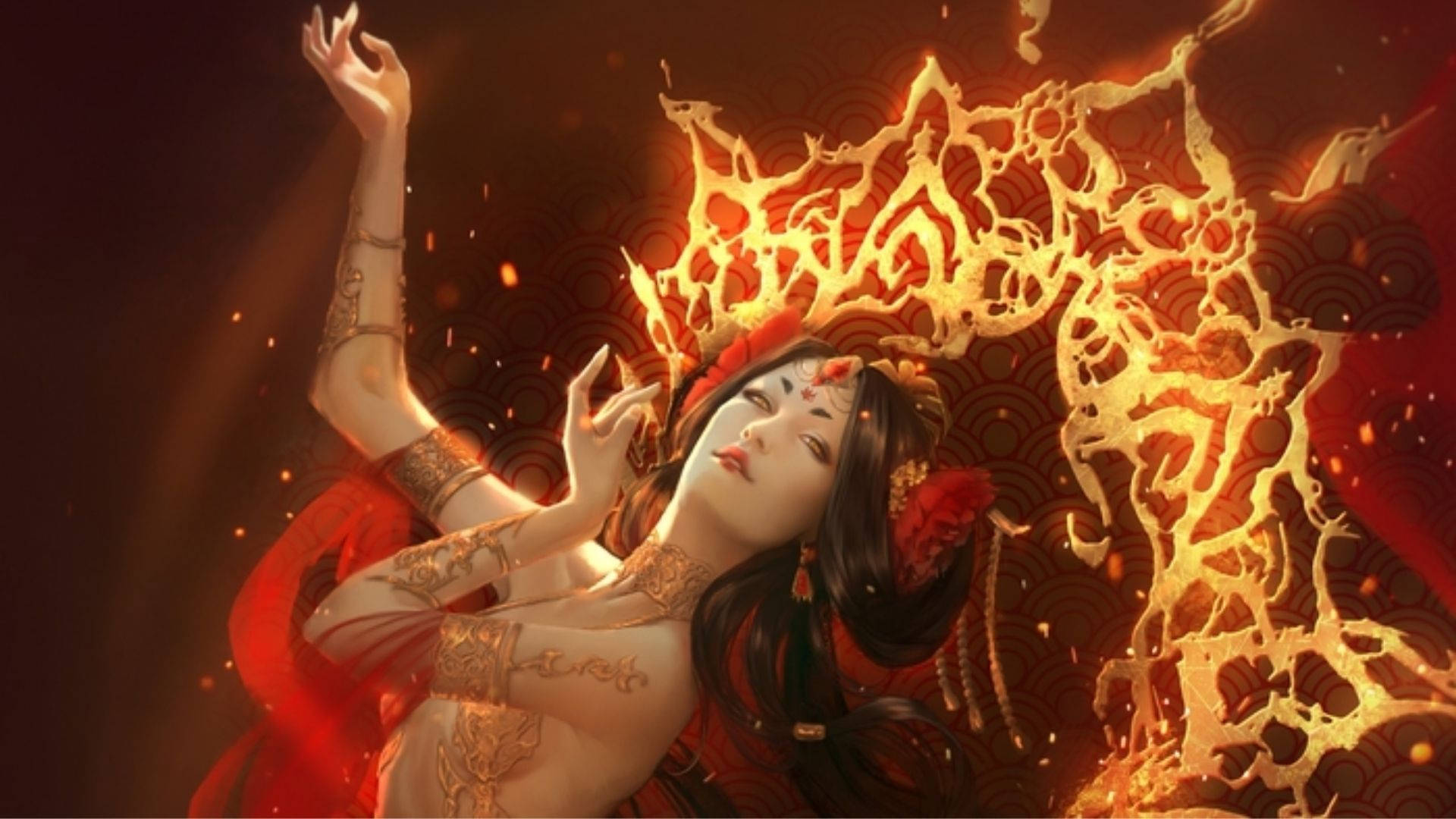 動漫女性在紅色服裝中與金色火焰跳舞，圖案背景
