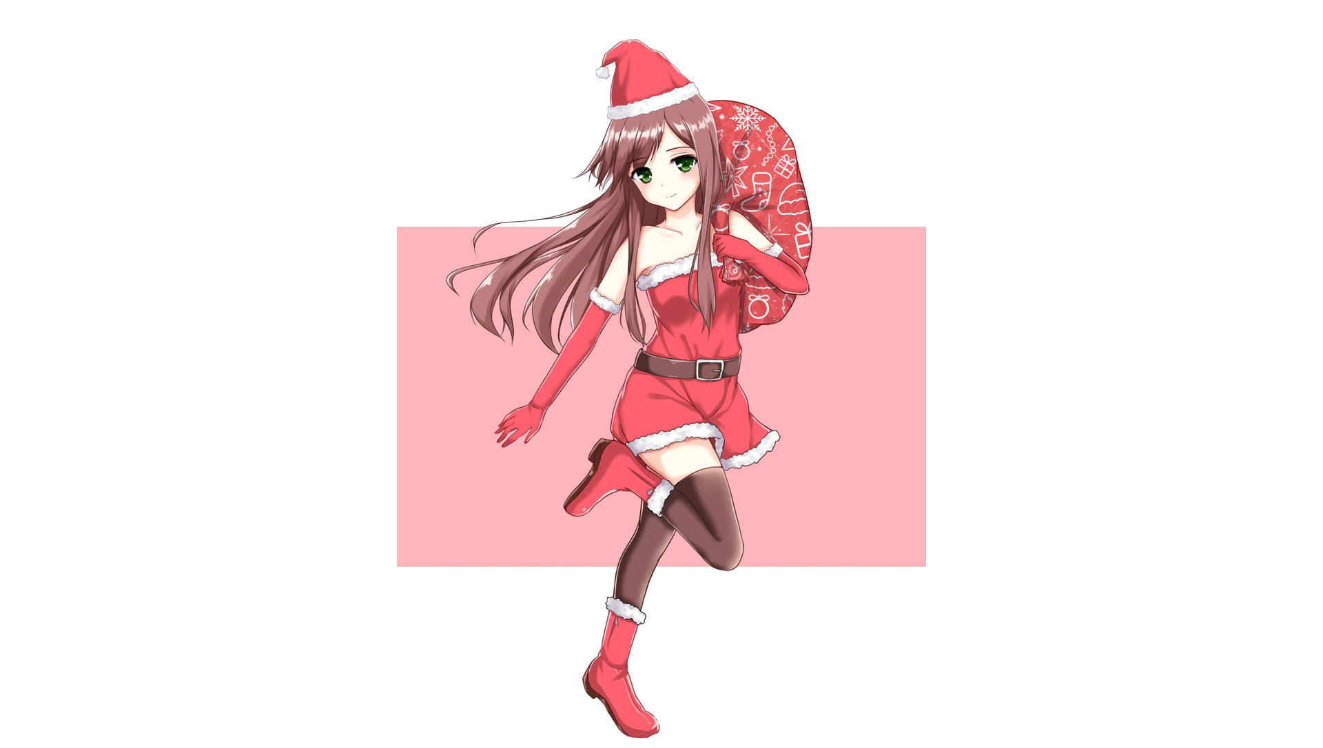 動漫女孩穿著紅色聖誕老人服裝，拿著禮物袋在粉紅色背景上跳躍。